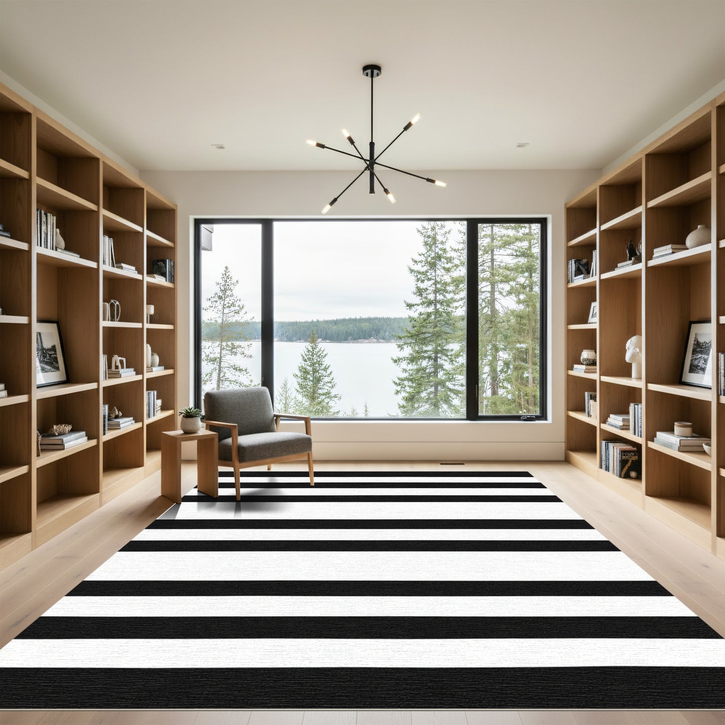 Wide Black White Horizontal Bands Rug