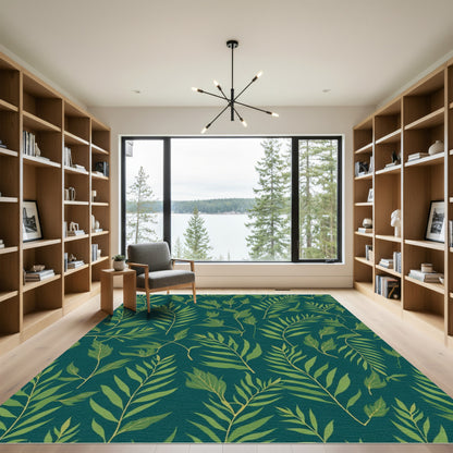 Deep Teal Green Leafy Botanical Rug