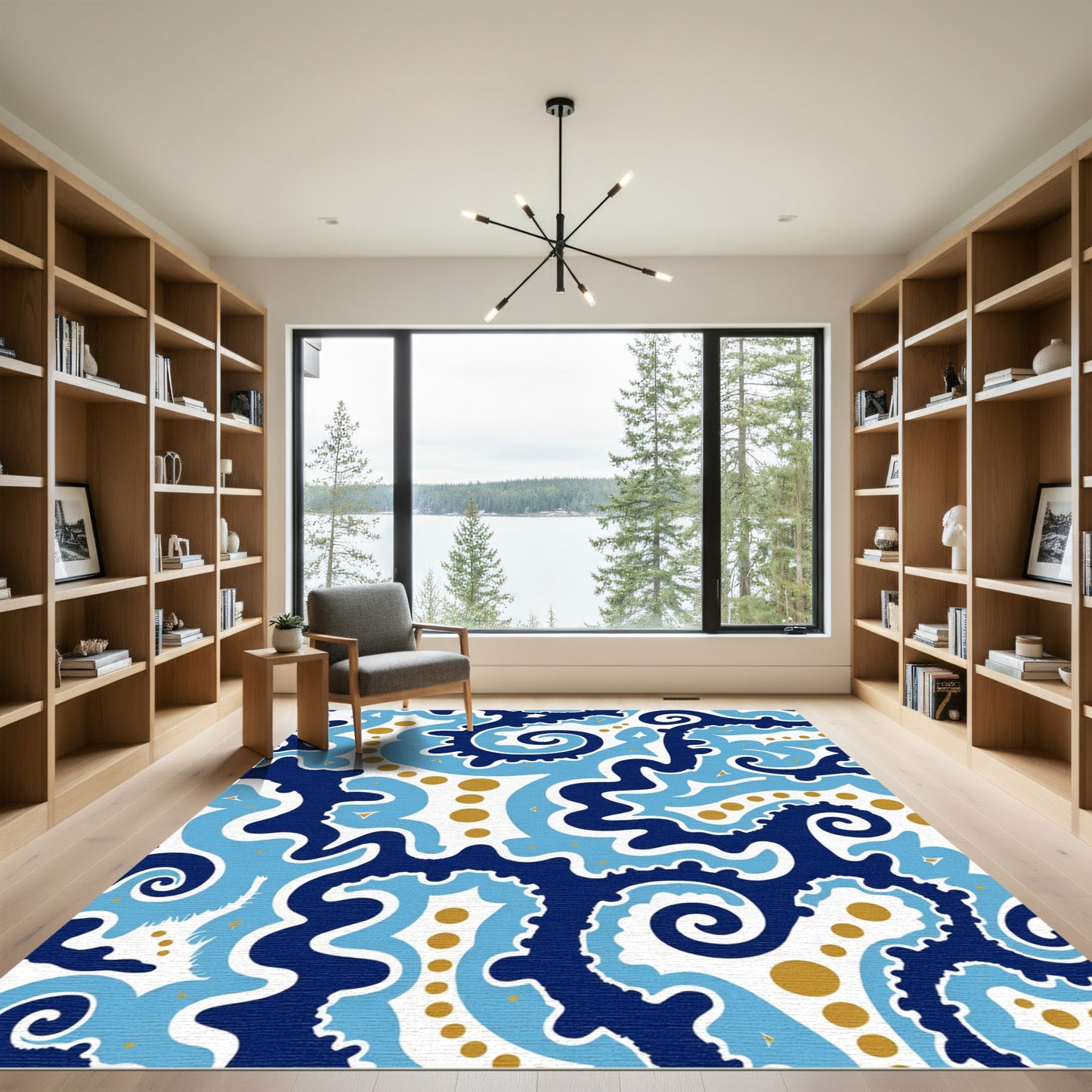 Navy Light Blue Gold Swirls Rug