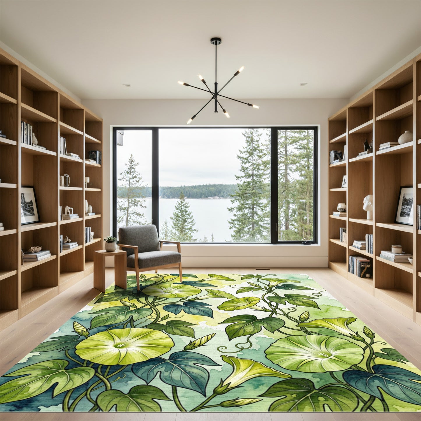Botanical Green Morning Glory Illustration Rug