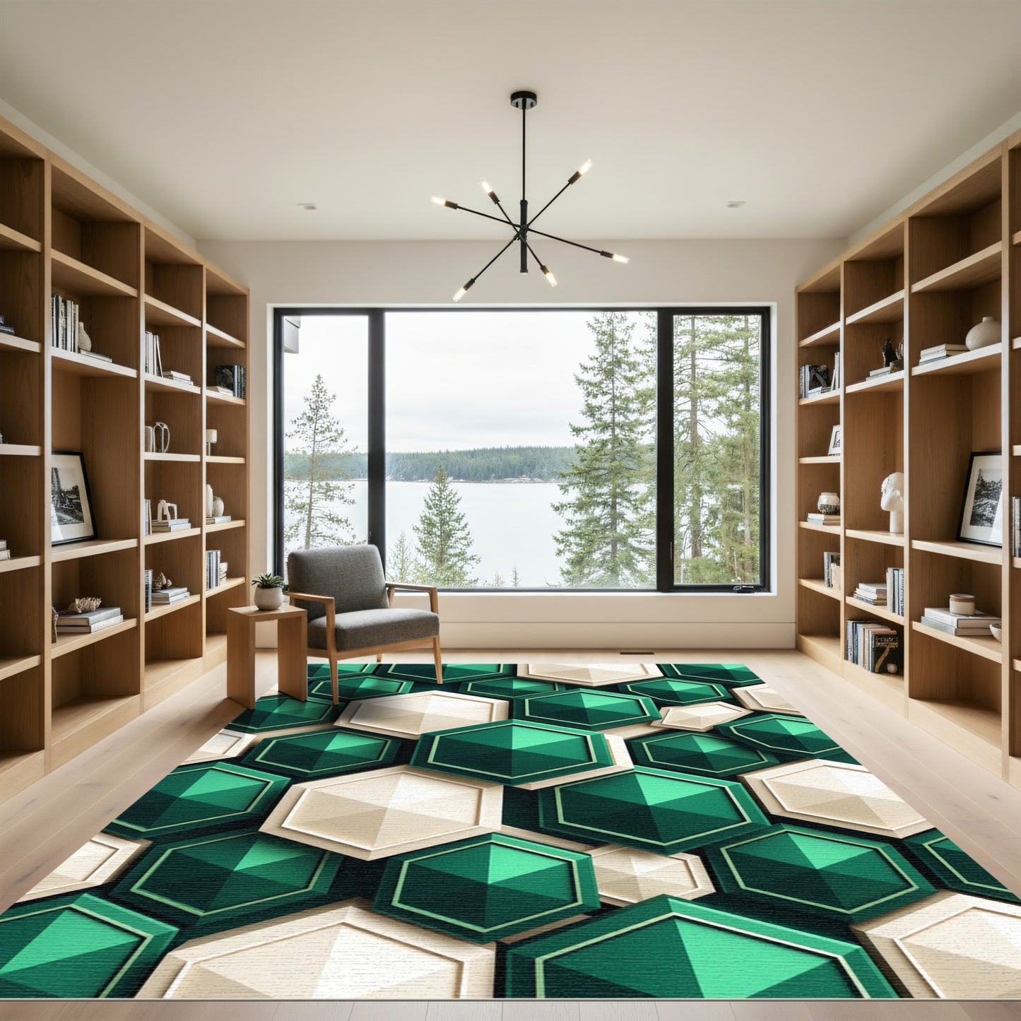 Emerald Cream Hexagon Tile Rug