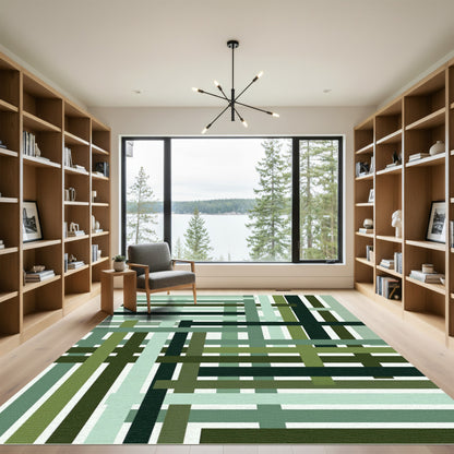 Green Tonal Striped Intersecting Lines Rug