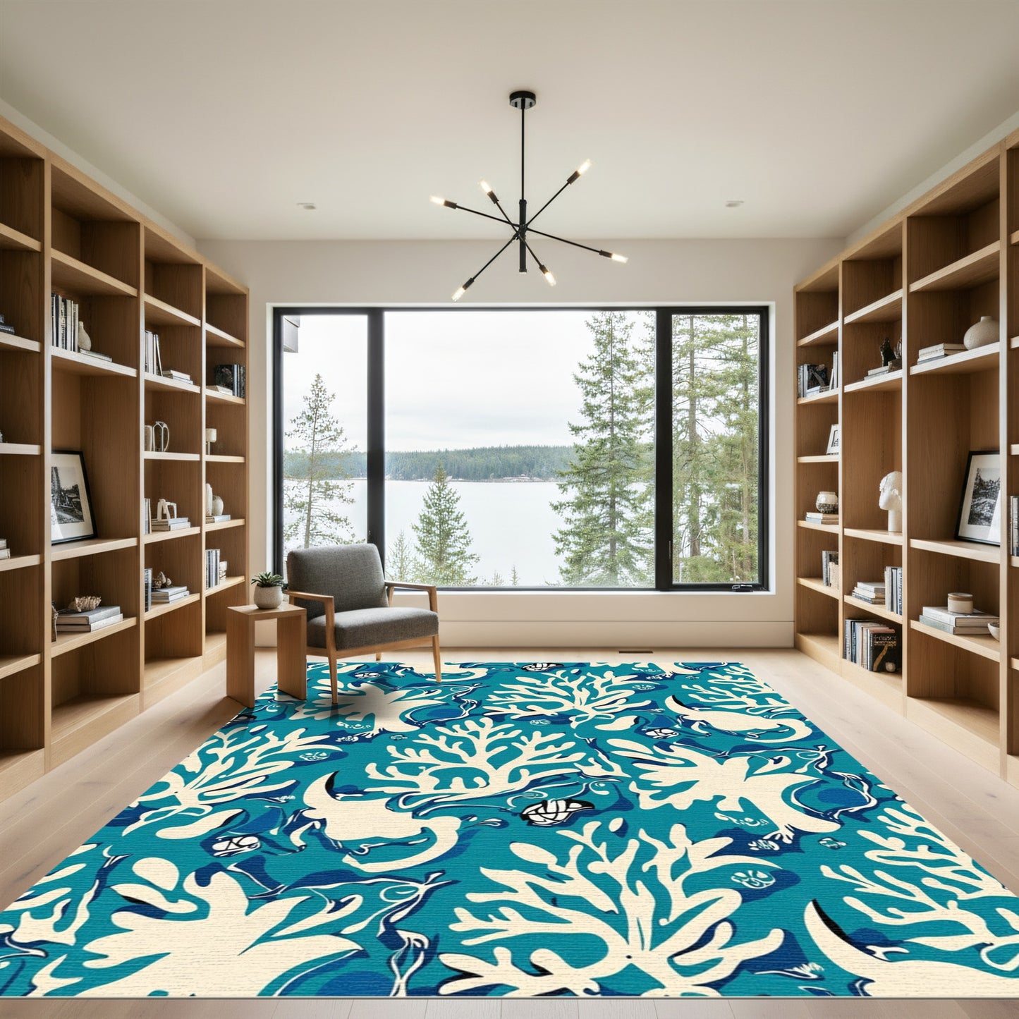 Teal White Coral Organic Underwater Scene Rug