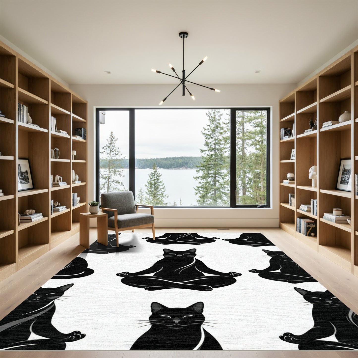 Black Zen Cat Meditation Art Rug
