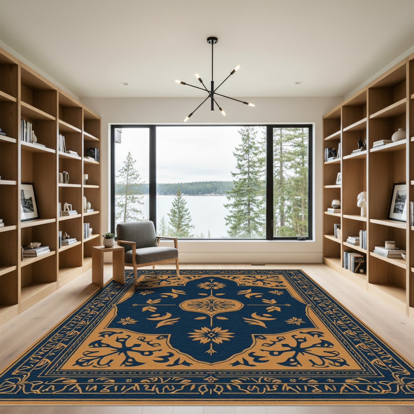Navy Blue Golden Floral Medallion Rug
