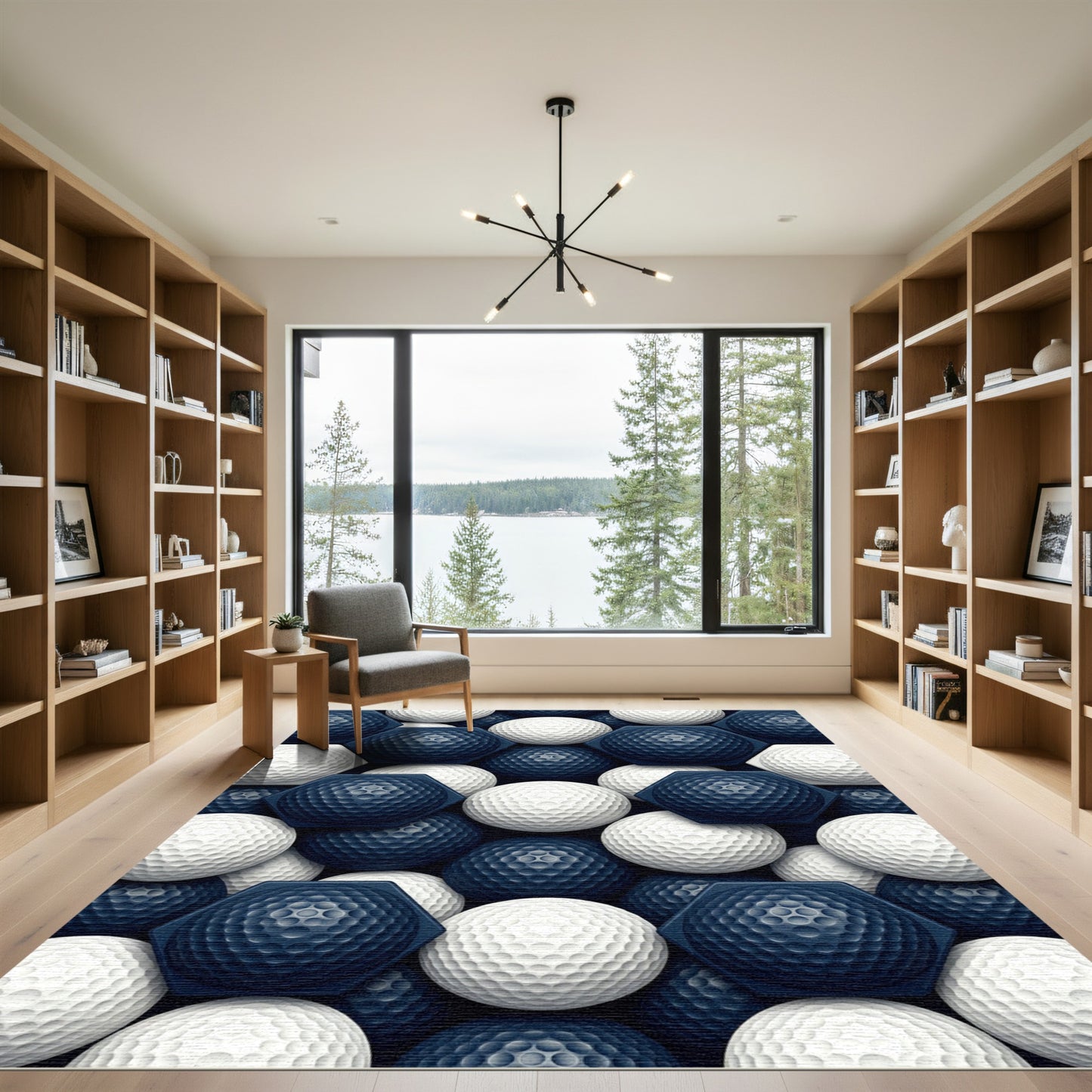 Geometric Navy and White Hexagon Sphere Rug
