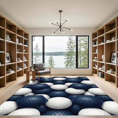 Geometric Navy and White Hexagon Sphere Rug