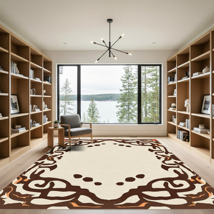 Cream Brown Abstract Frame Oval Rug