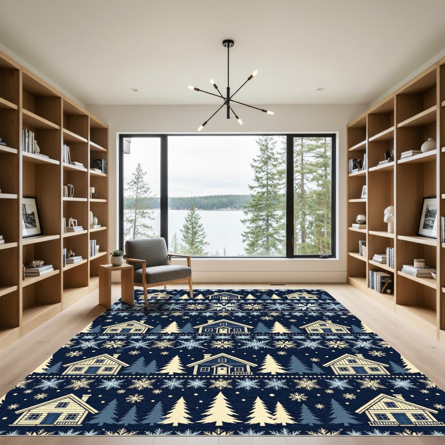 Navy Nordic Winter Cabin Snowflakes Rug