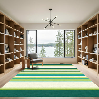 Teal Green Cream Striped Rug