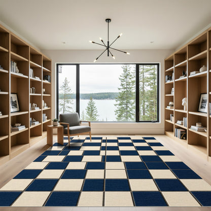 Bold Navy and Cream Geometric Grid Rug