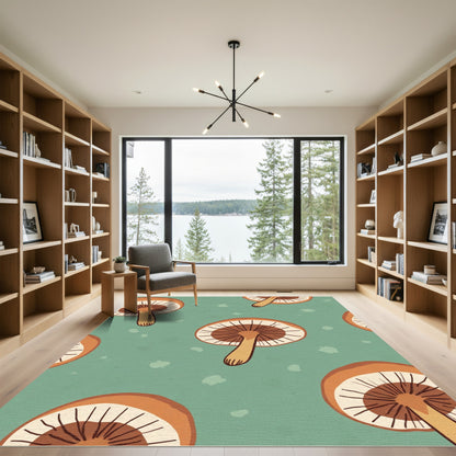 Whimsical Brown Mushroom Teal Background Rug