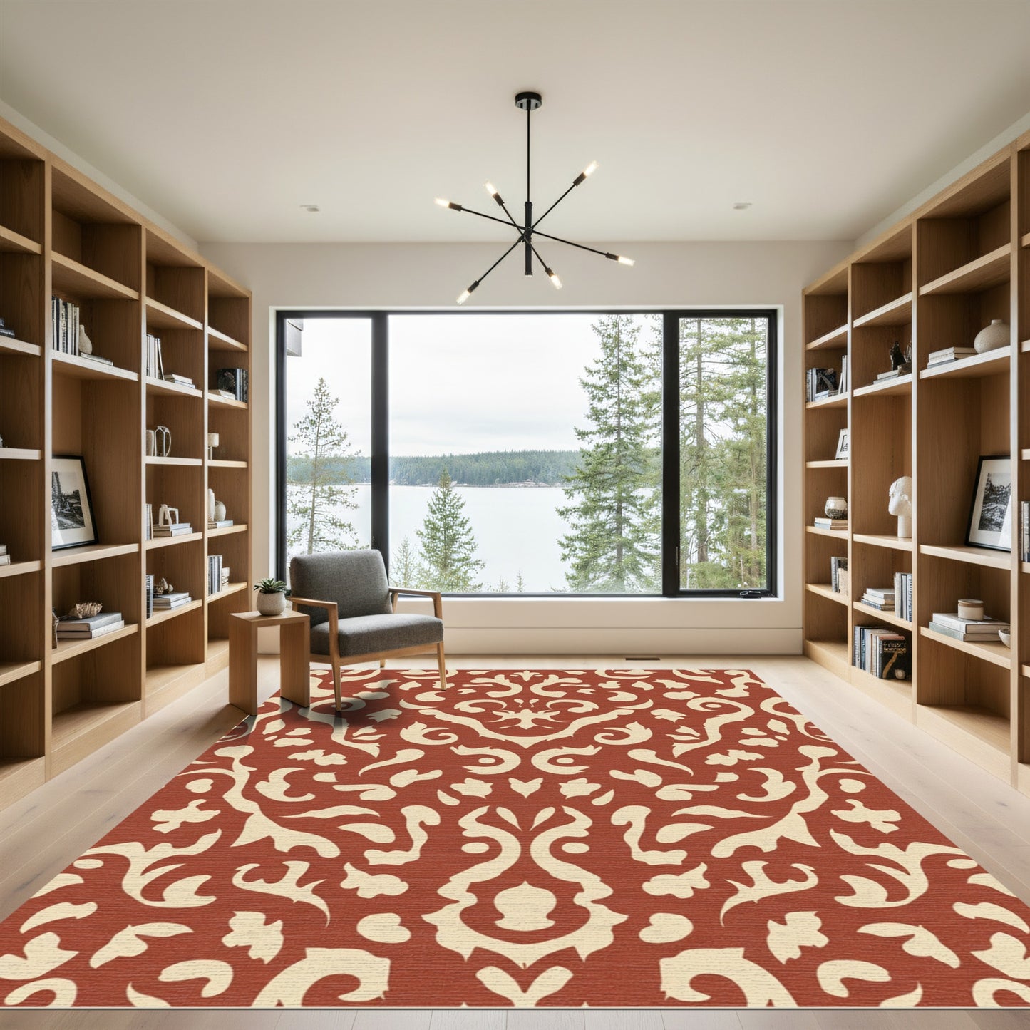 Terracotta Cream Scrollwork Damask Rug
