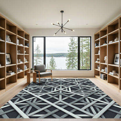 Modern Monochrome Interwoven Geometric Linear Grid Rug
