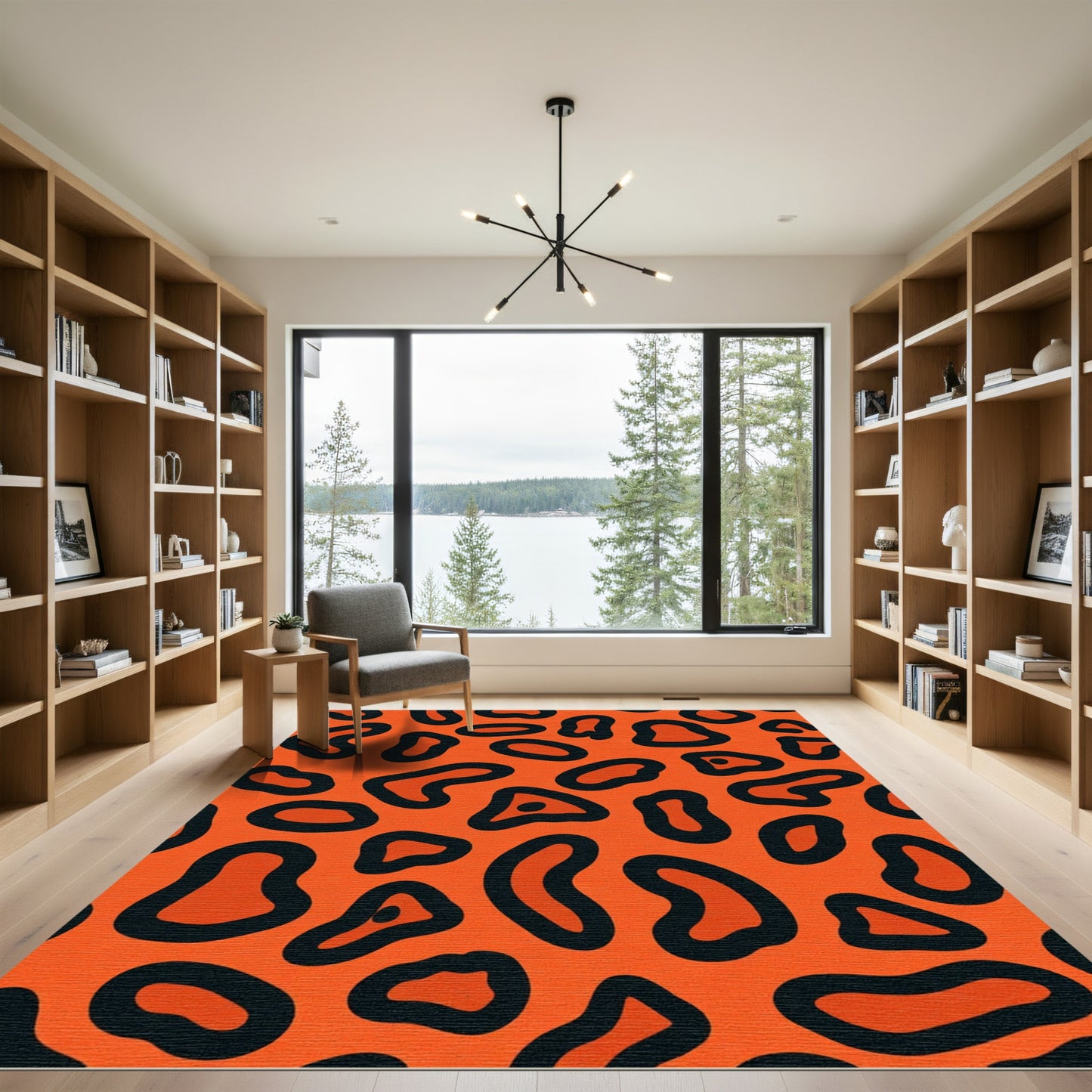 Vibrant Orange Black Organic Shapes Rug