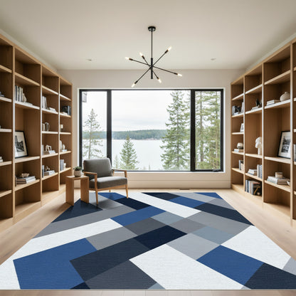 Diagonal Geometric Blocks Blue Gray Rug