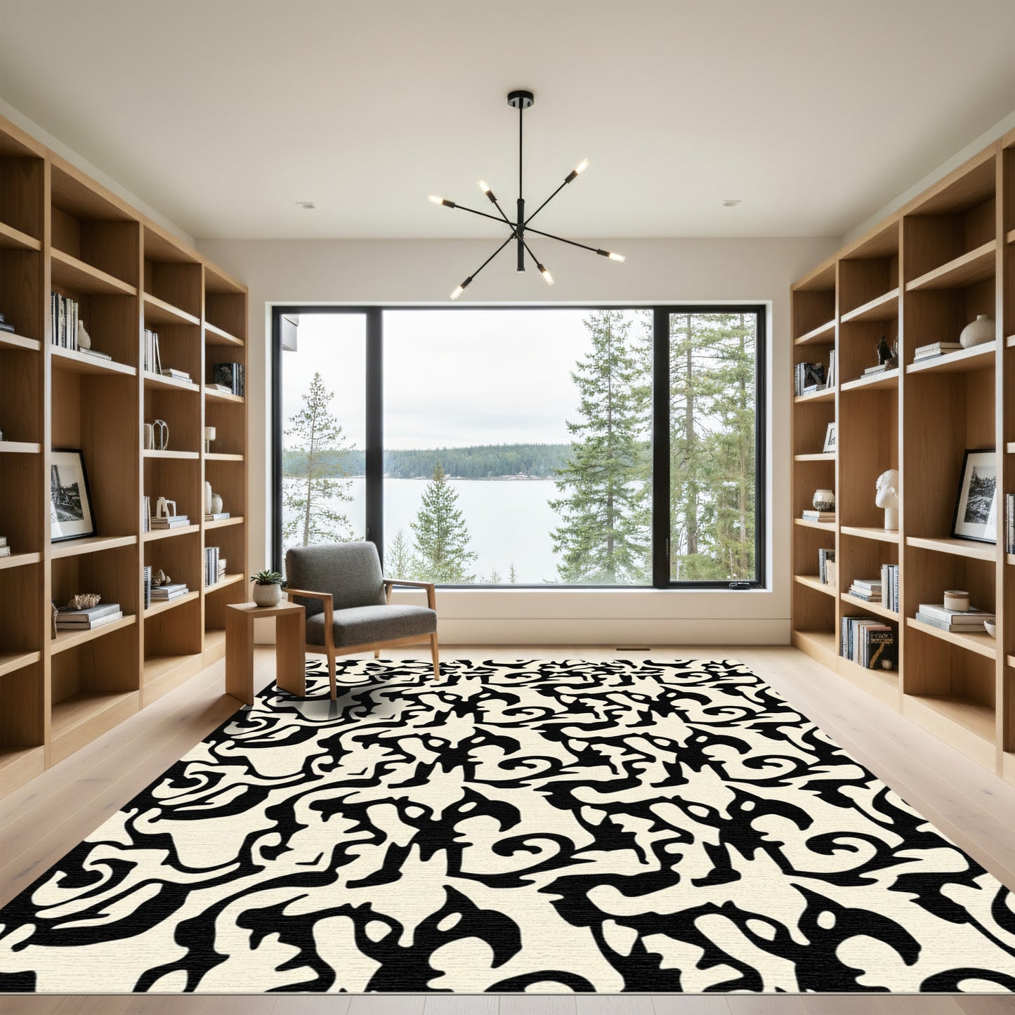Bold Black Abstract Swirl Cream Rug