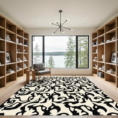 Bold Black Abstract Swirl Cream Rug