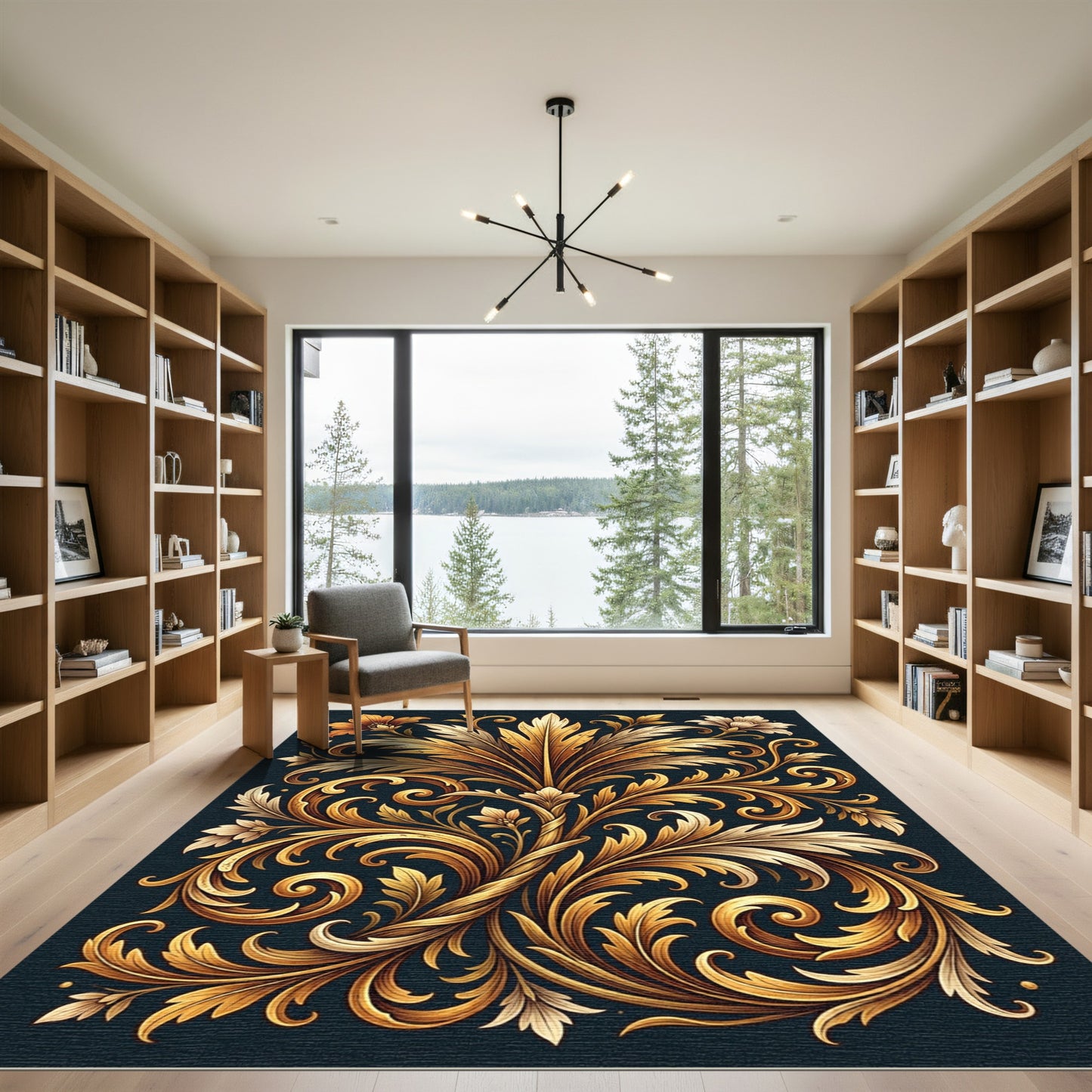 Elegant Golden Acanthus Foliage Scroll Rug