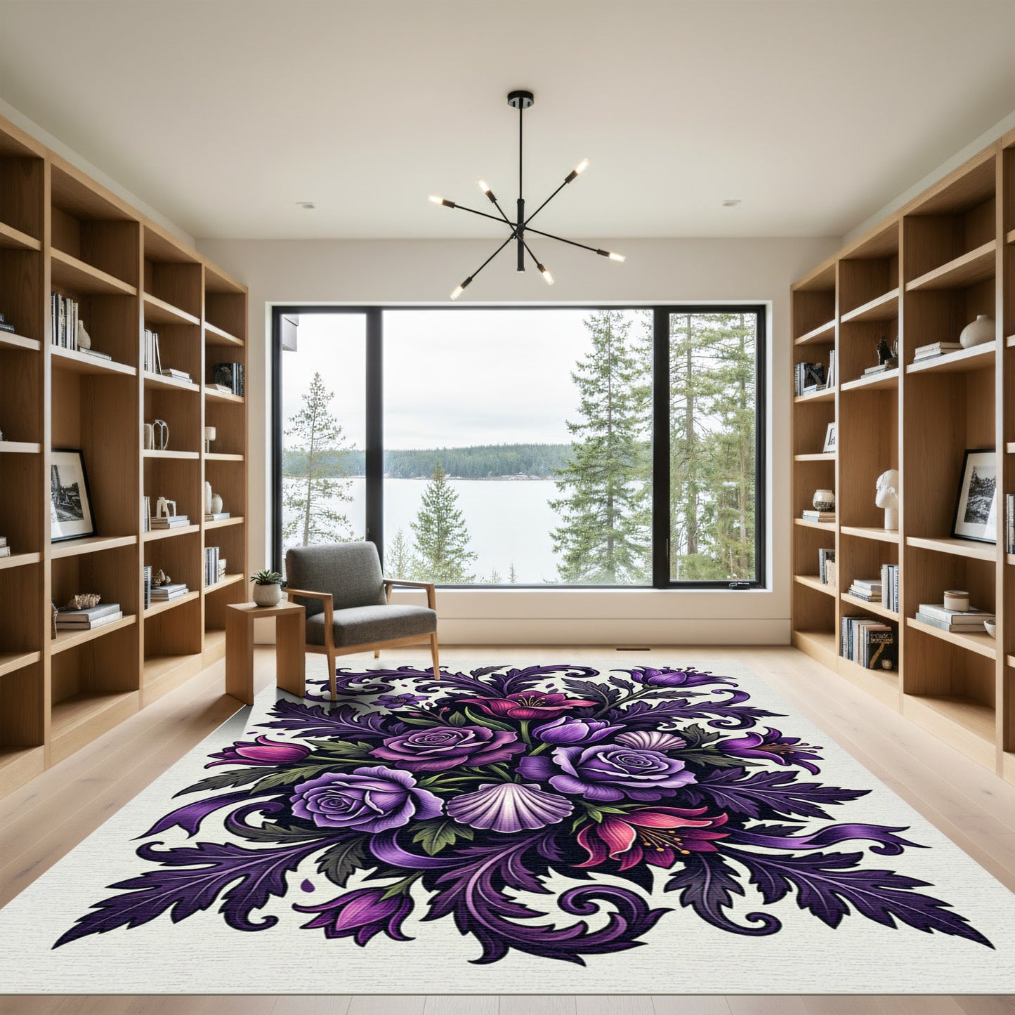 Vibrant Purple Floral Scrollwork Arrangement Rug