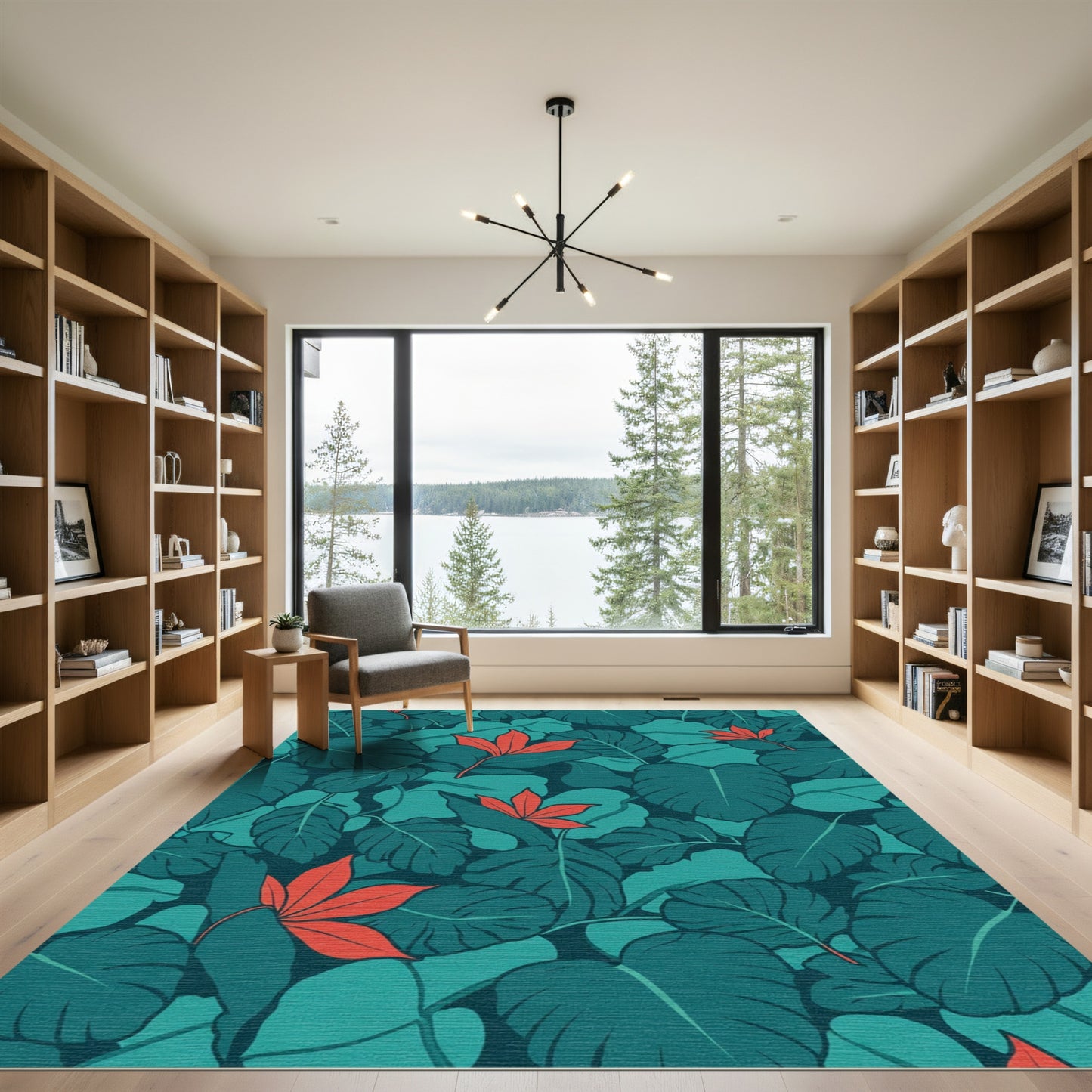 Tropical foliage rich teal orange accents Rug
