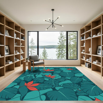 Tropical foliage rich teal orange accents Rug