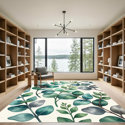 Aqua Eucalyptus Leaves Watercolor Sprigs Rug