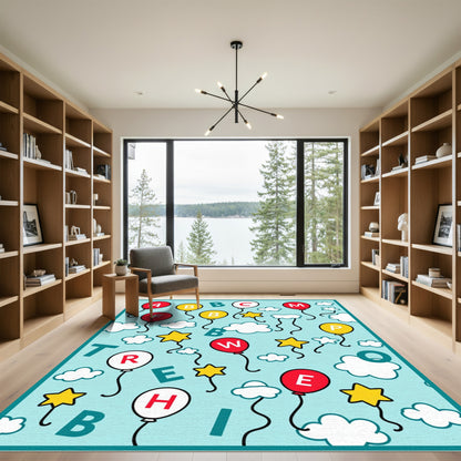 Alphabet Balloons Clouds Stars Red White Rug