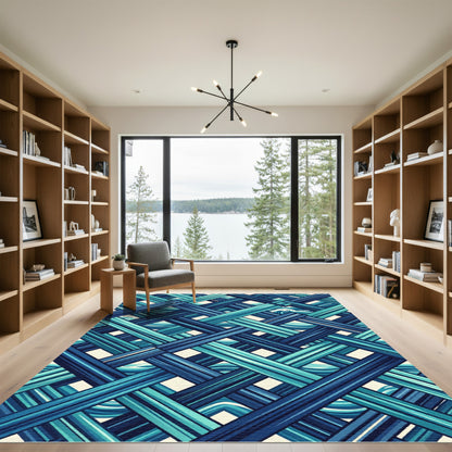 Geometric Blue Woven Tidal Wave Rug