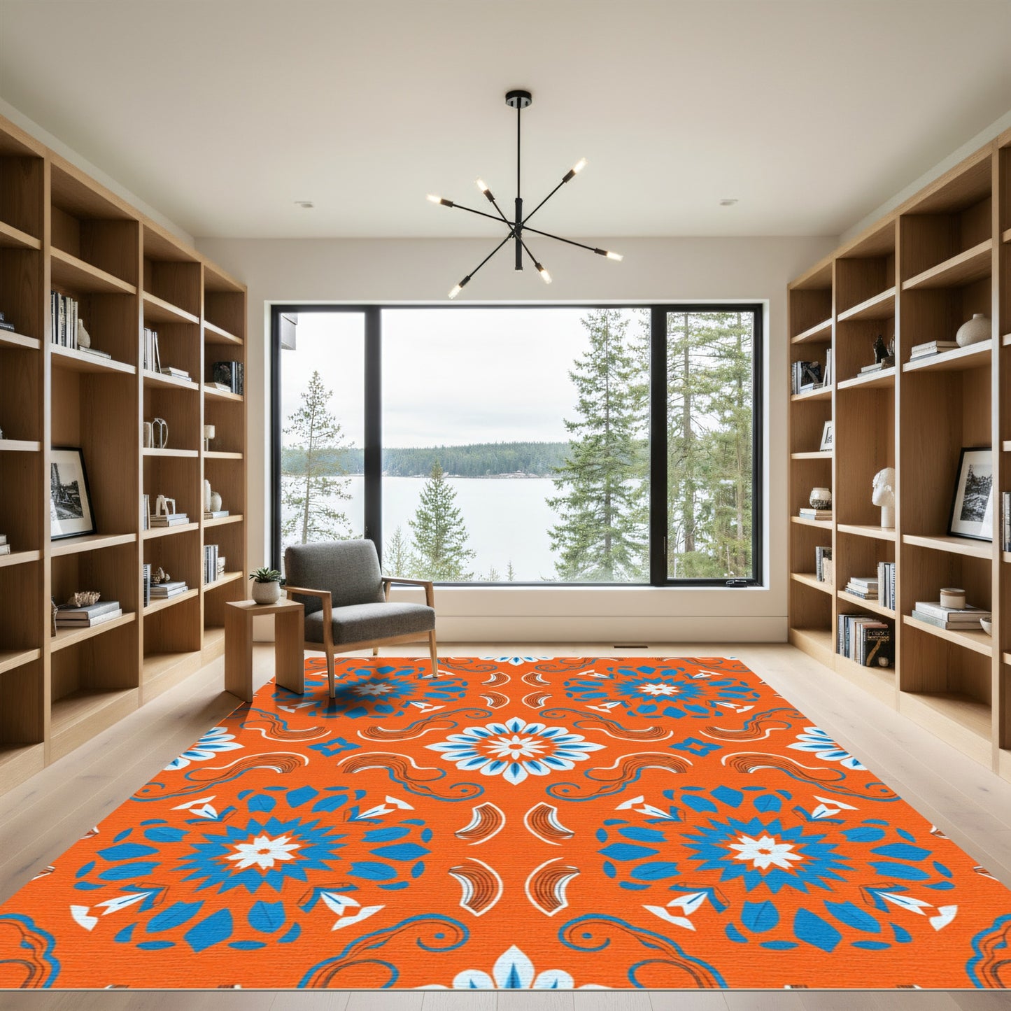 Vibrant Orange Blue Medallion Swirl Rug