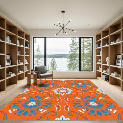 Vibrant Orange Blue Medallion Swirl Rug