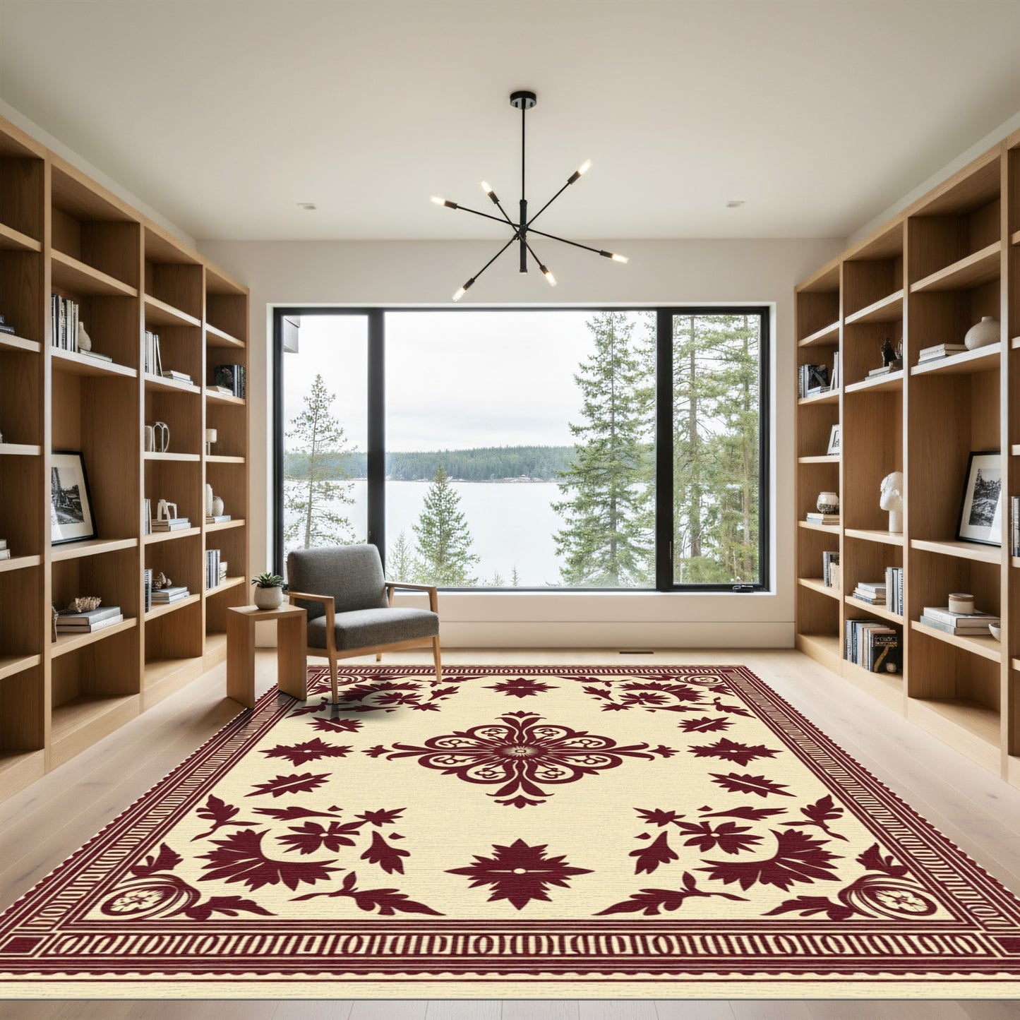 Deep Red Floral Medallion Cream Rug