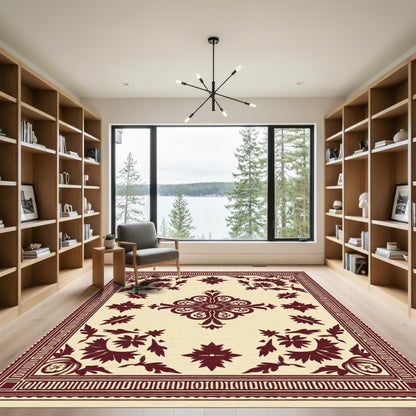 Deep Red Floral Medallion Cream Rug
