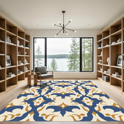 Navy Gold Ornate Damask Rug
