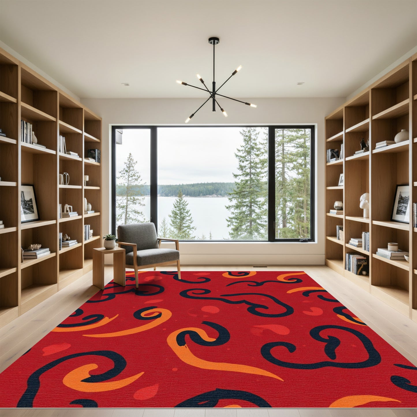 Crimson Swirls With Orange and Black Accents Rug