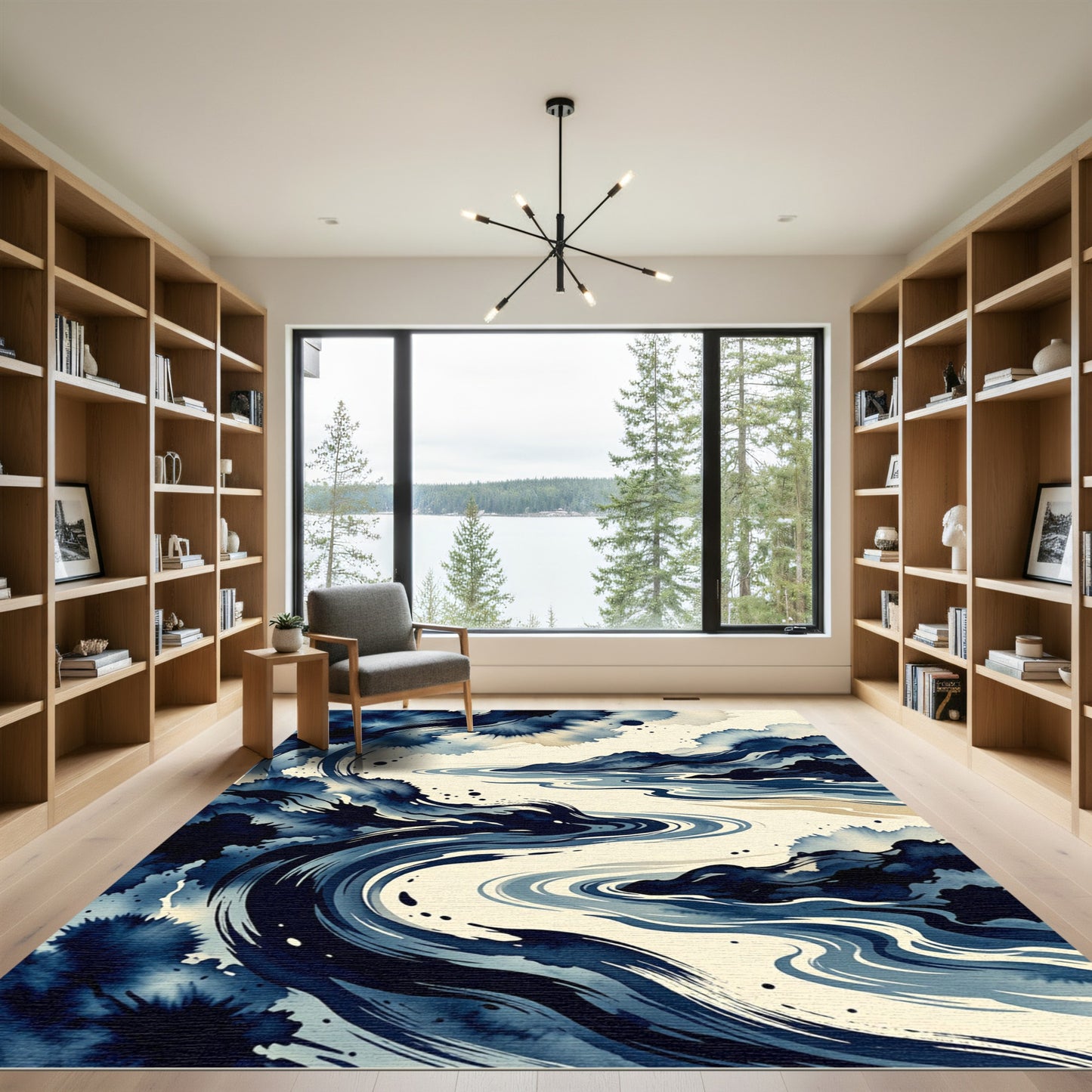 Deep Blue Watercolor River Flow Rug