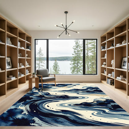 Deep Blue Watercolor River Flow Rug