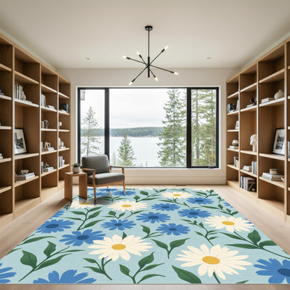 Blue White Daisy Botanical Medley Rug