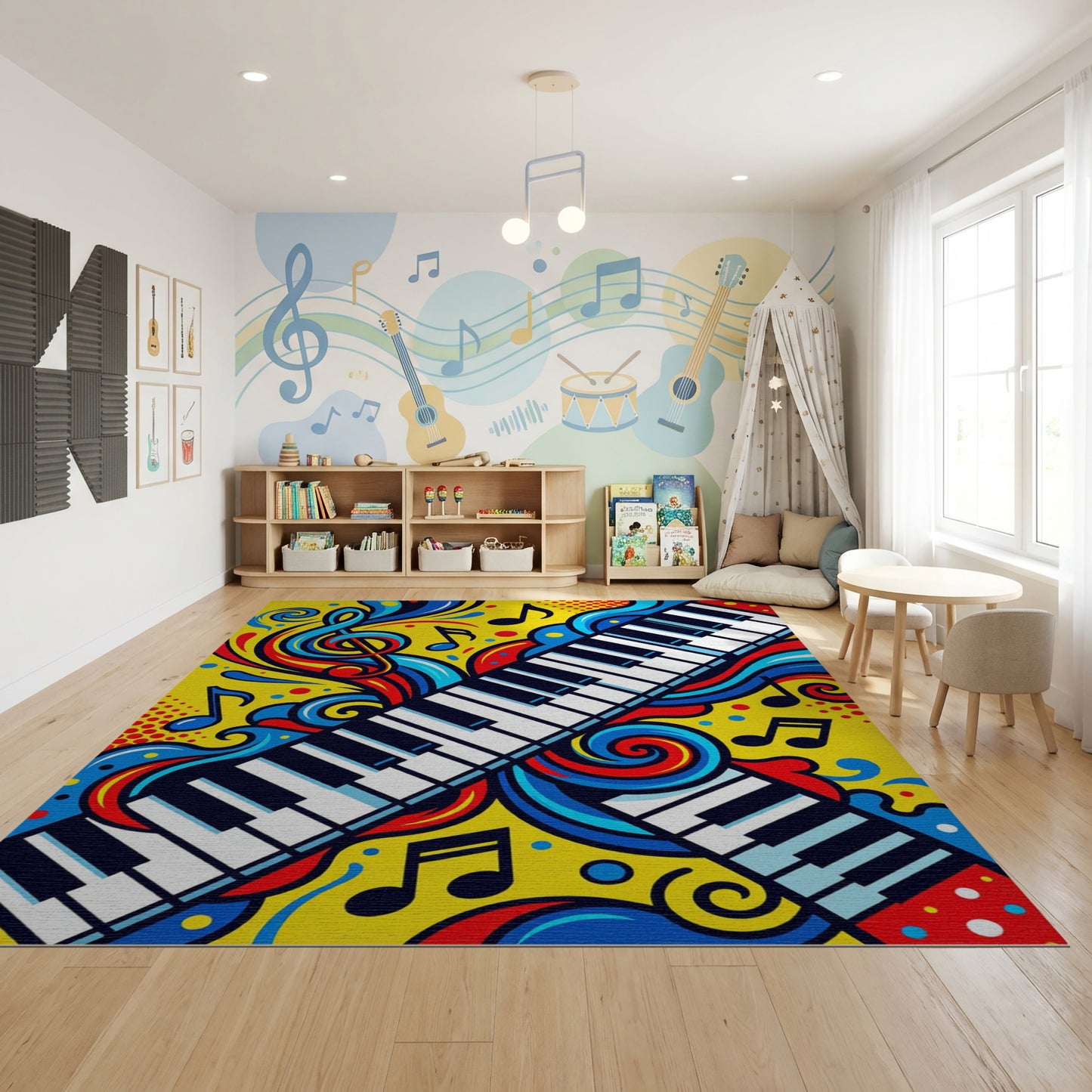 Vibrant Musical Piano Swirls Notes Rug