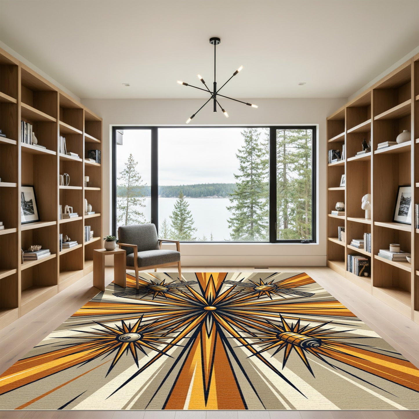 Golden Celestial Satellite Geometric Art Rug