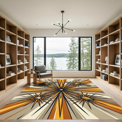 Golden Celestial Satellite Geometric Art Rug