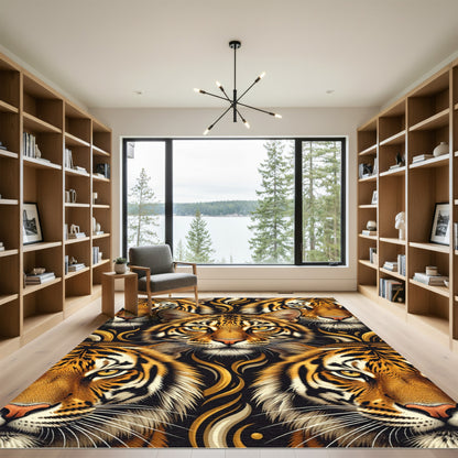 Dramatic Tiger Faces Gold Swirls Rug