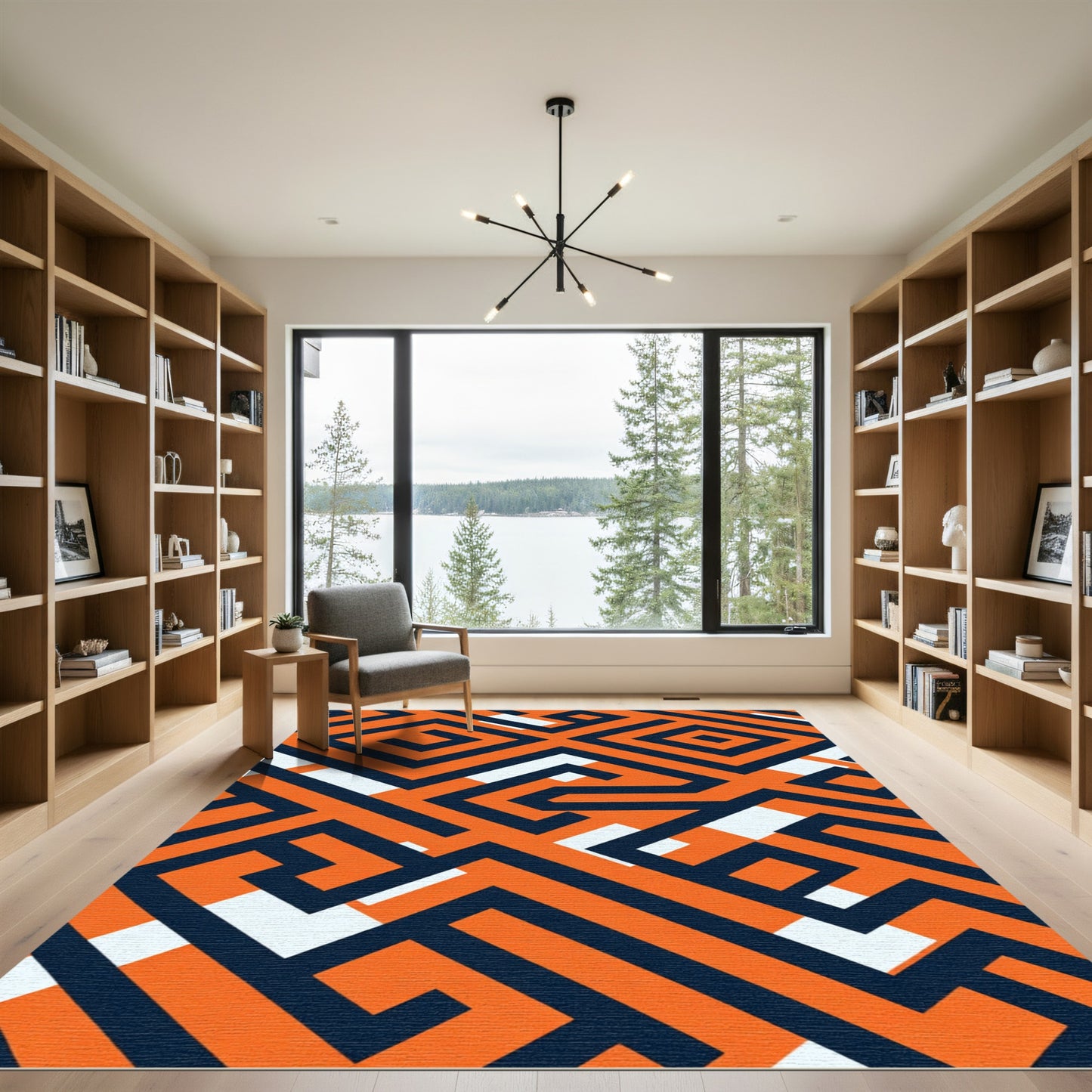Orange Navy Maze Geometric Rug