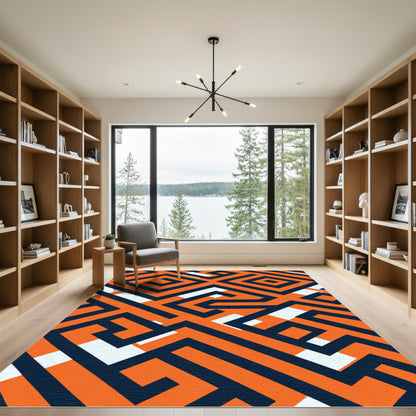 Orange Navy Maze Geometric Rug