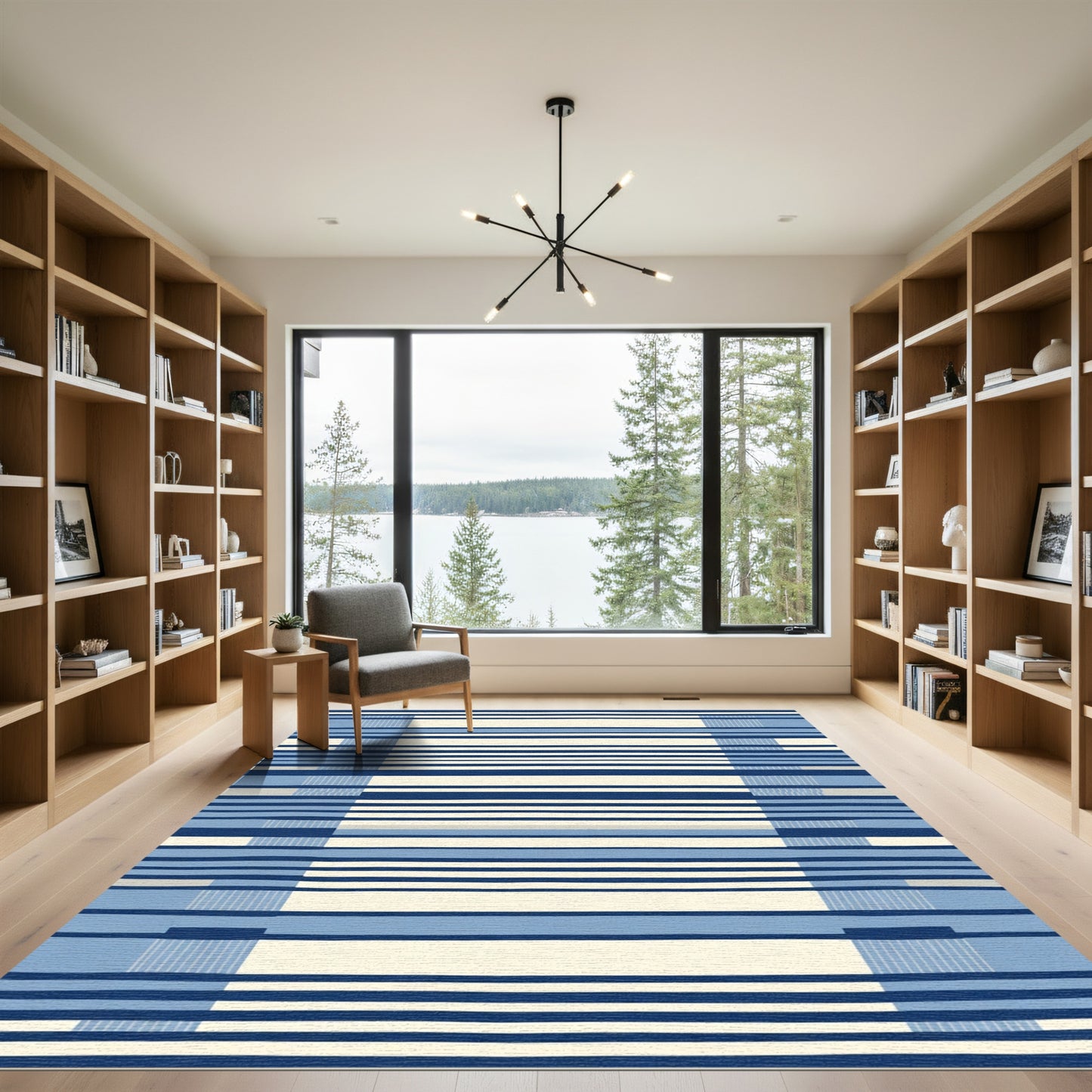 Modern Blue Cream Striped Rectangular Rug