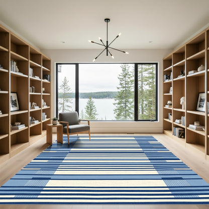 Modern Blue Cream Striped Rectangular Rug
