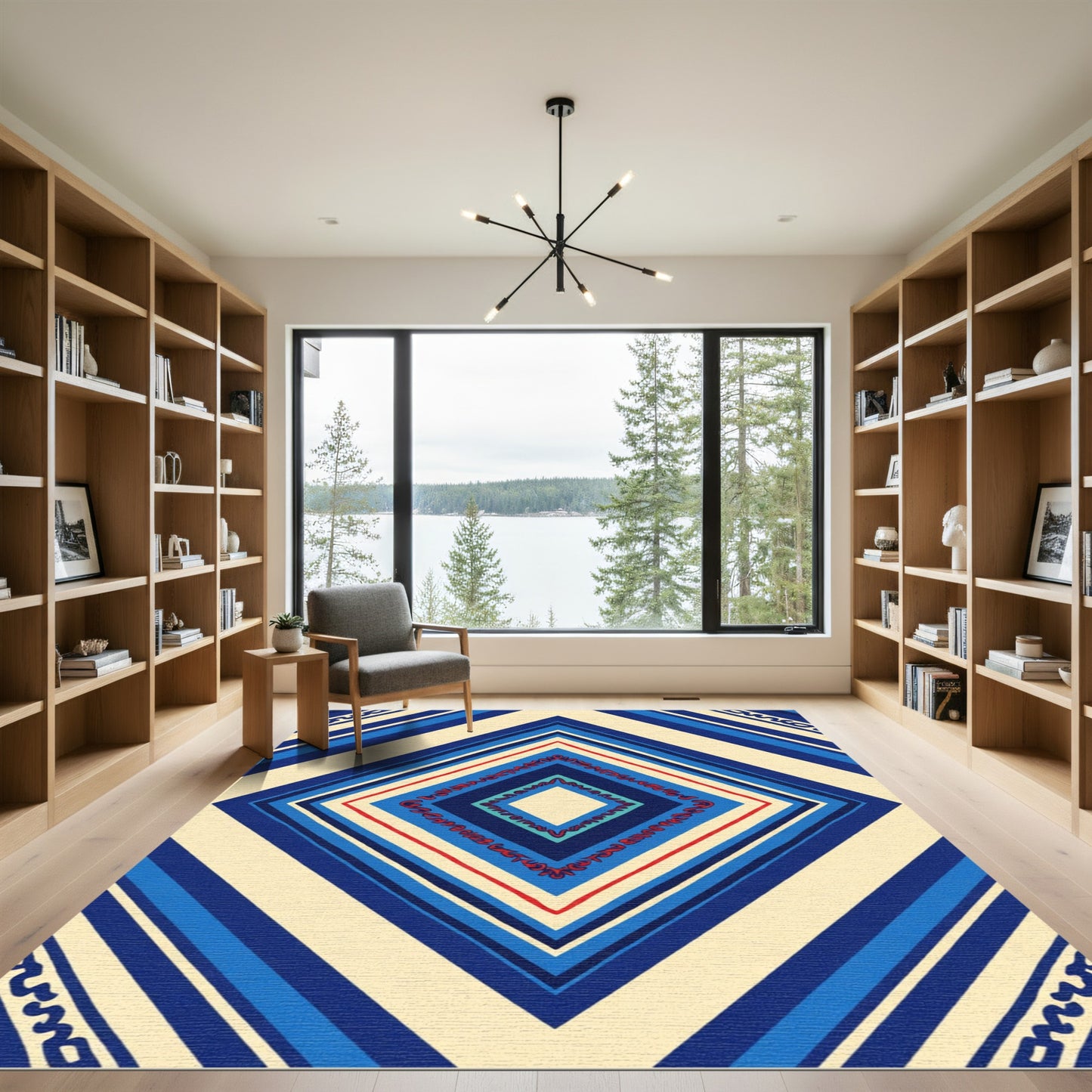 Vibrant Geometric Diamond Red Blue Stripes Rug