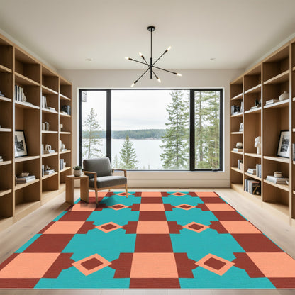 Terracotta Teal Geometric Diamond Check Rug