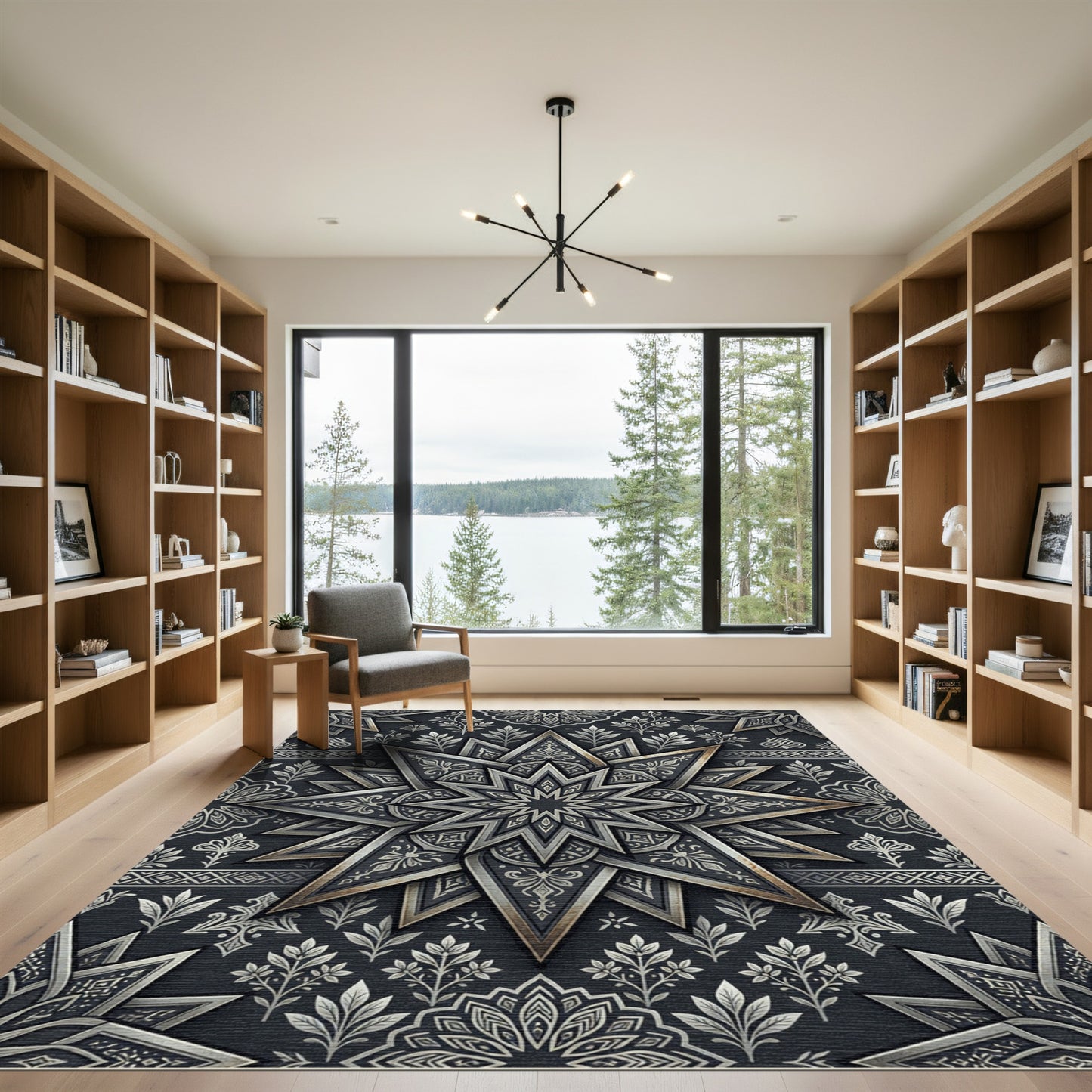 Dark Silver Ornate Star Geometric Rug