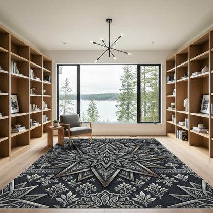 Dark Silver Ornate Star Geometric Rug